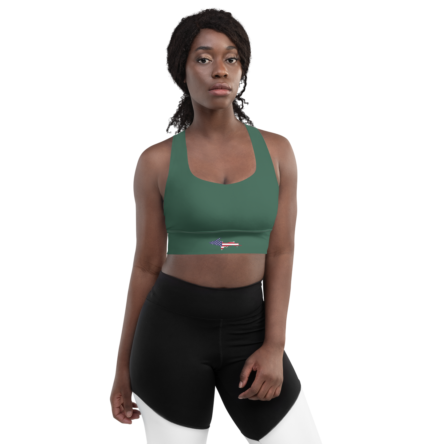 Michigan Upper Peninsula Longline Sports Bra (w/ UP USA Flag) | Ginger Ale Green