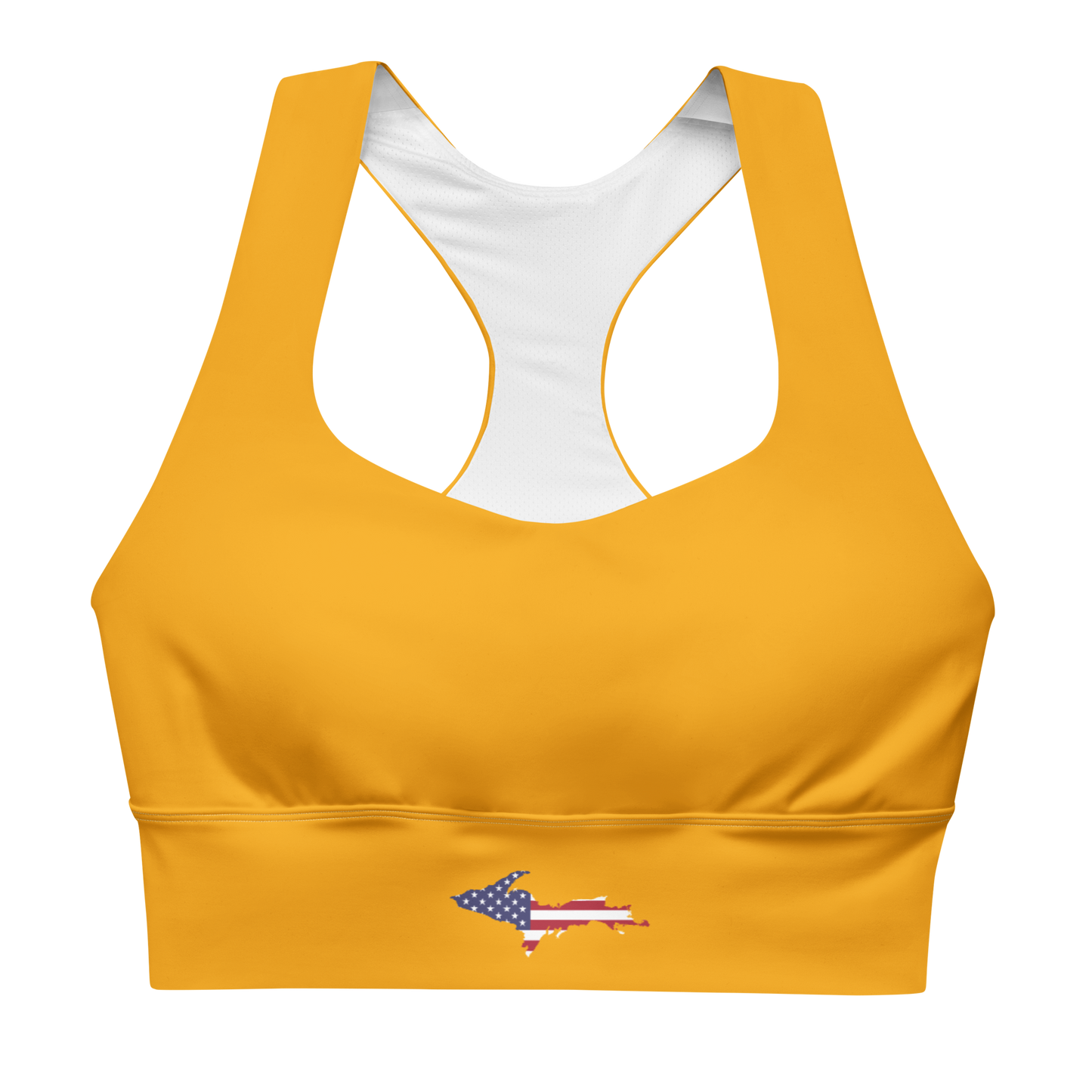 Michigan Upper Peninsula Longline Sports Bra (w/ UP USA Flag) | Birch Leaf Orange