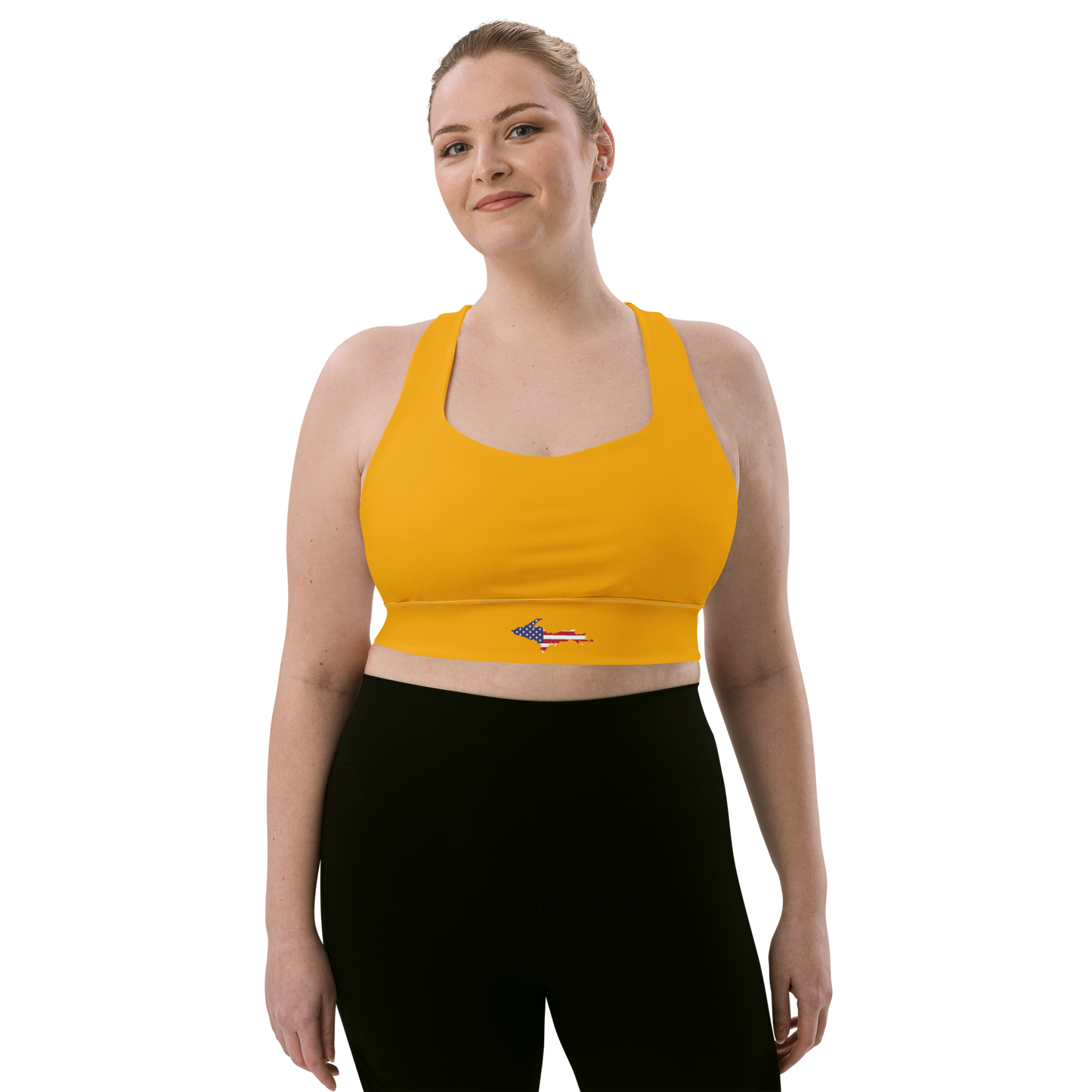 Michigan Upper Peninsula Longline Sports Bra (w/ UP USA Flag) | Birch Leaf Orange