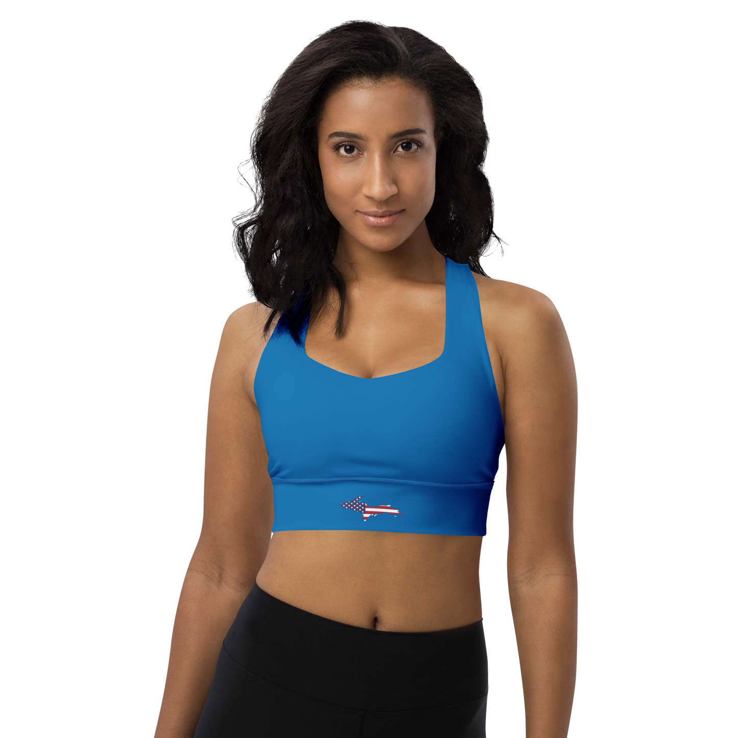 Michigan Upper Peninsula Longline Sports Bra (w/ UP USA Flag) | Azure