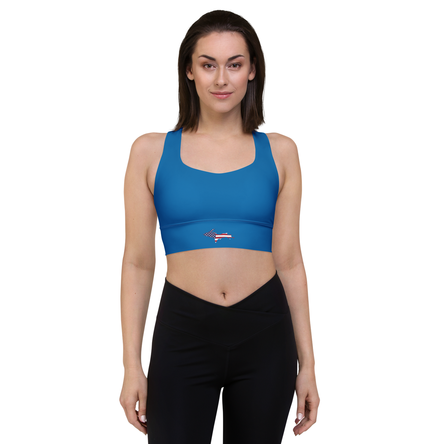 Michigan Upper Peninsula Longline Sports Bra (w/ UP USA Flag) | Azure