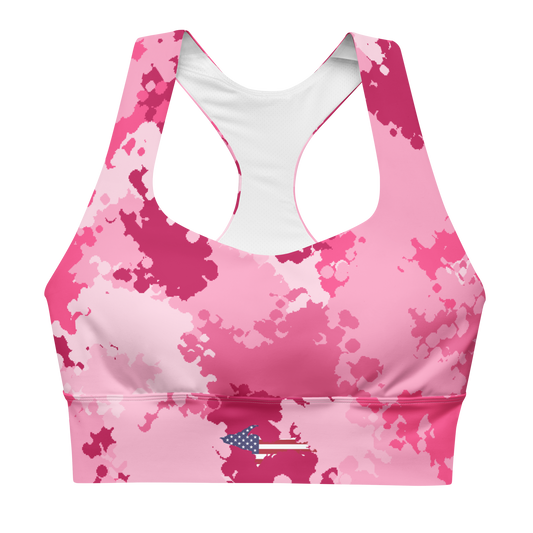 Michigan Upper Peninsula Longline Sports Bra (w/ UP USA Flag) | Pink Camo