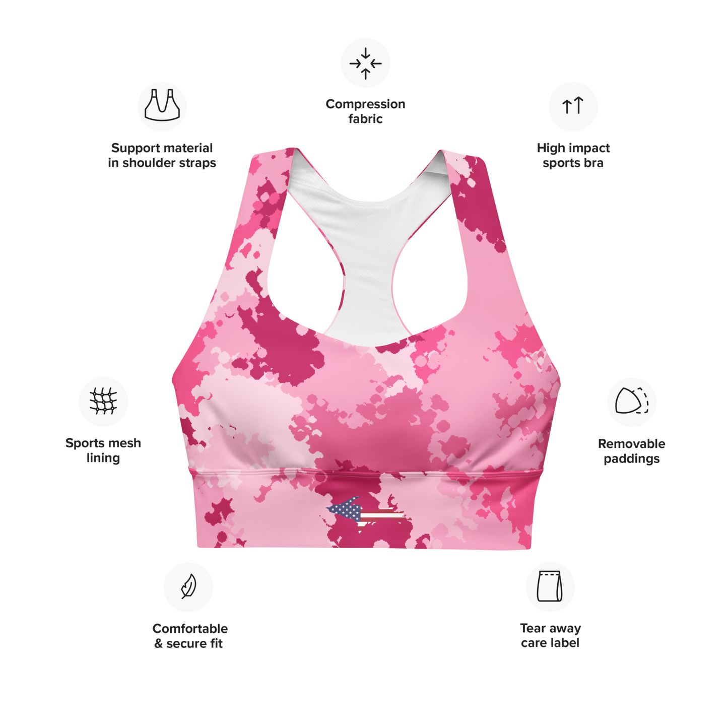 Michigan Upper Peninsula Longline Sports Bra (w/ UP USA Flag) | Pink Camo