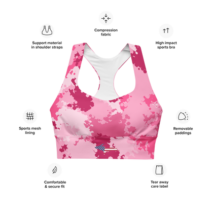 Michigan Upper Peninsula Longline Sports Bra (w/ UP USA Flag) | Pink Camo