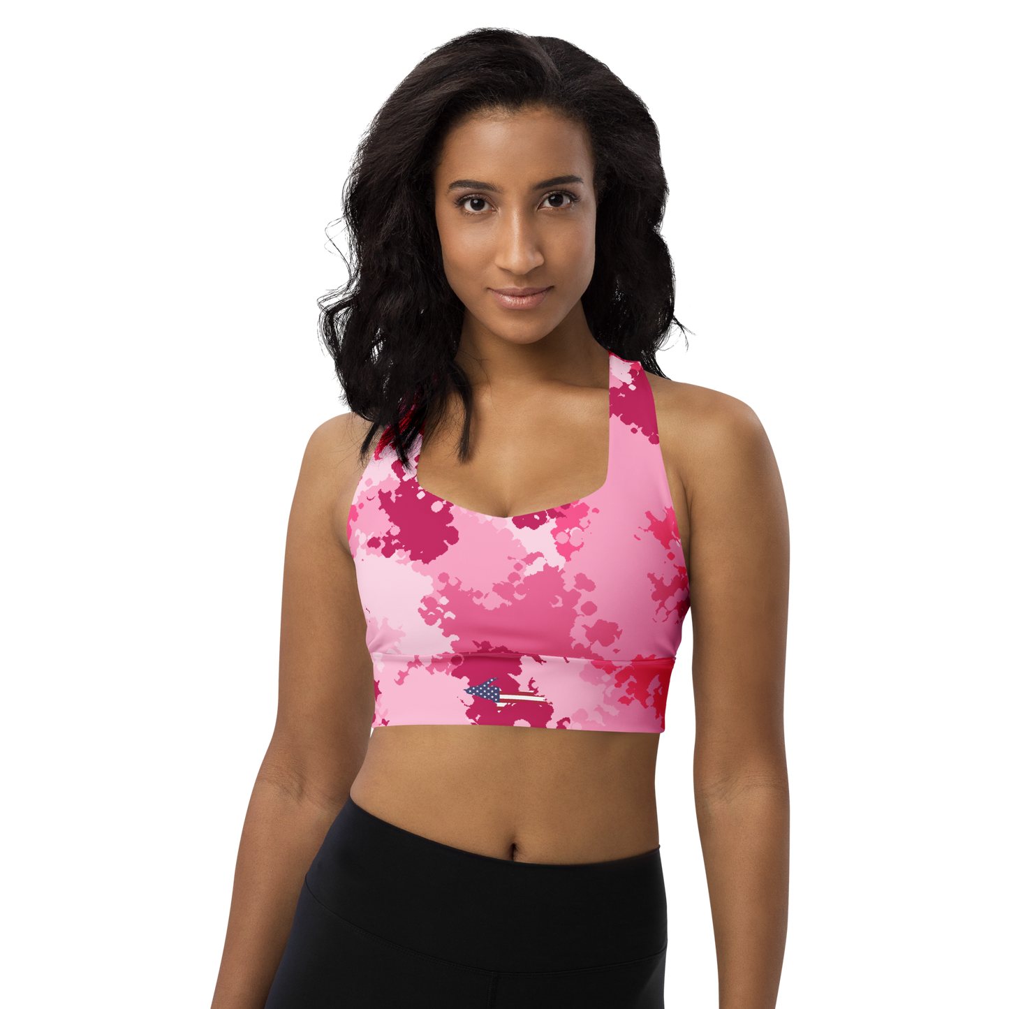 Michigan Upper Peninsula Longline Sports Bra (w/ UP USA Flag) | Pink Camo