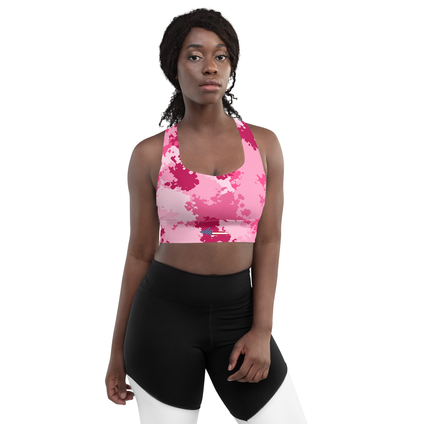 Michigan Upper Peninsula Longline Sports Bra (w/ UP USA Flag) | Pink Camo