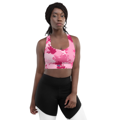 Michigan Upper Peninsula Longline Sports Bra (w/ UP USA Flag) | Pink Camo