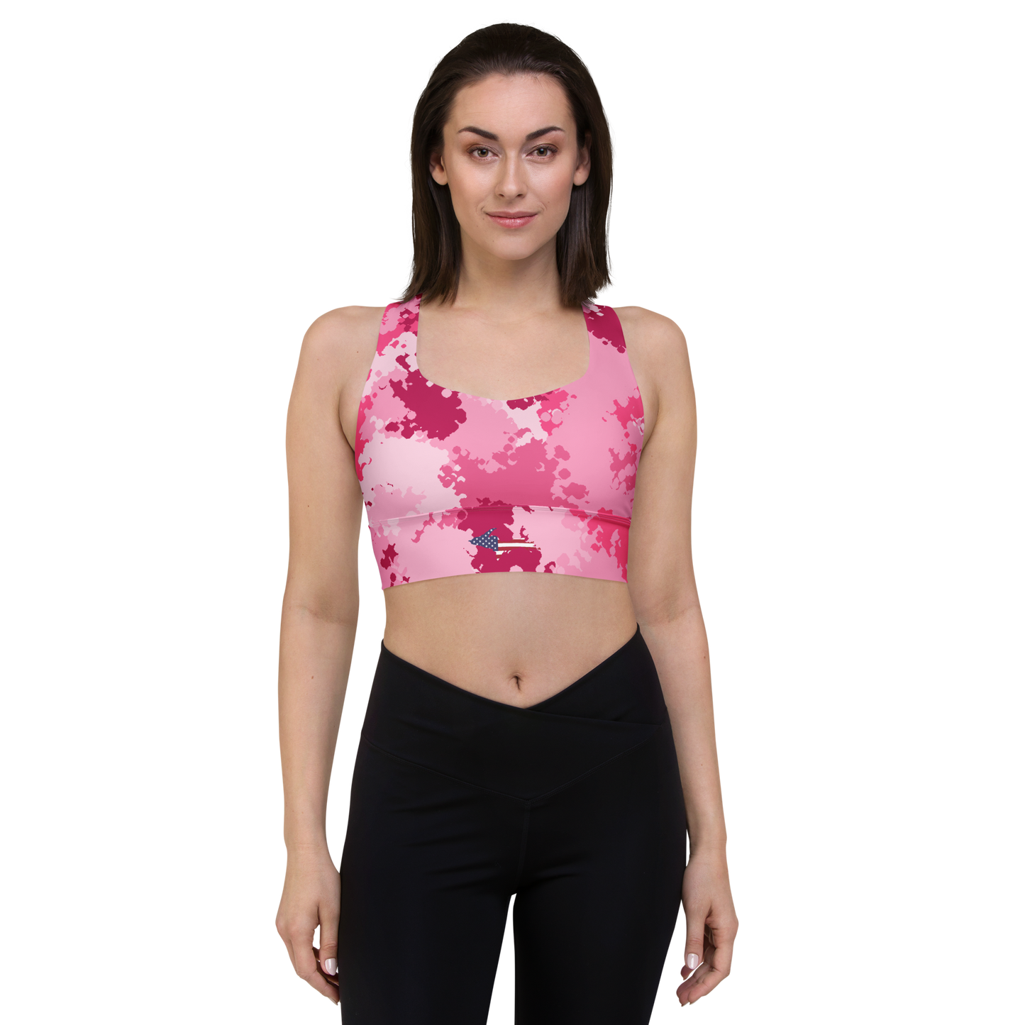 Michigan Upper Peninsula Longline Sports Bra (w/ UP USA Flag) | Pink Camo