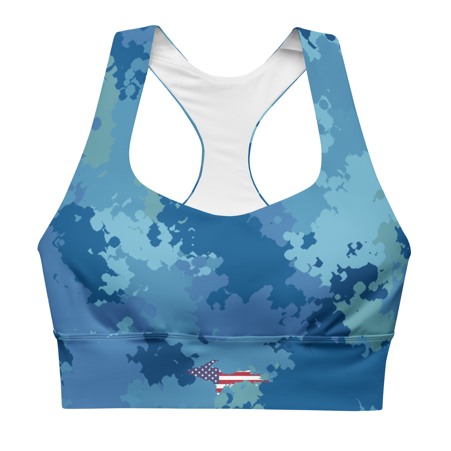 Michigan Upper Peninsula Longline Sports Bra (w/ UP USA Flag) | Great Lakes Camo