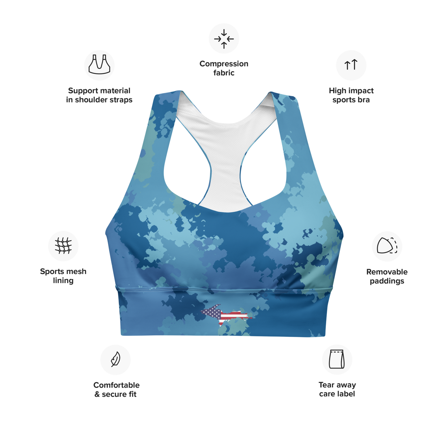 Michigan Upper Peninsula Longline Sports Bra (w/ UP USA Flag) | Great Lakes Camo