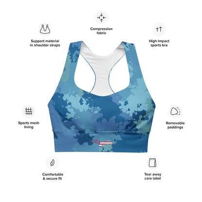 Michigan Upper Peninsula Longline Sports Bra (w/ UP USA Flag) | Great Lakes Camo