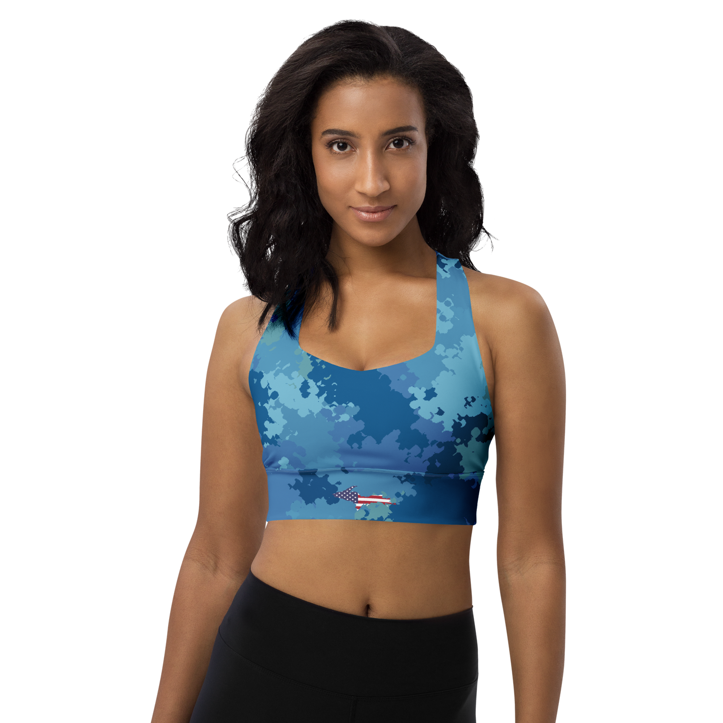 Michigan Upper Peninsula Longline Sports Bra (w/ UP USA Flag) | Great Lakes Camo