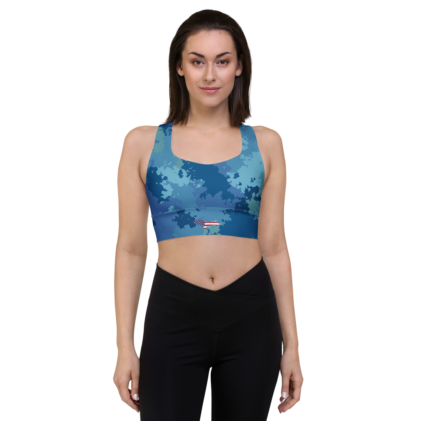 Michigan Upper Peninsula Longline Sports Bra (w/ UP USA Flag) | Great Lakes Camo