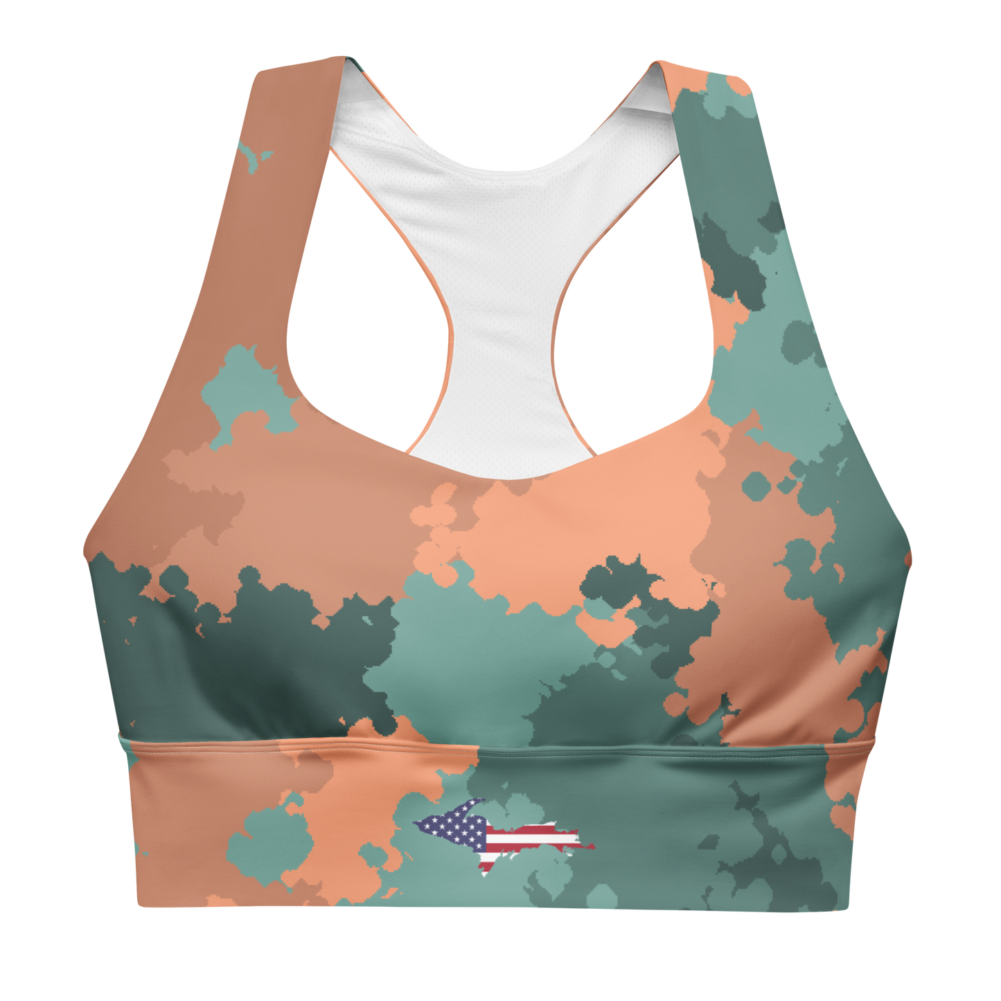 Michigan Upper Peninsula Longline Sports Bra (w/ UP USA Flag) | Copper Green