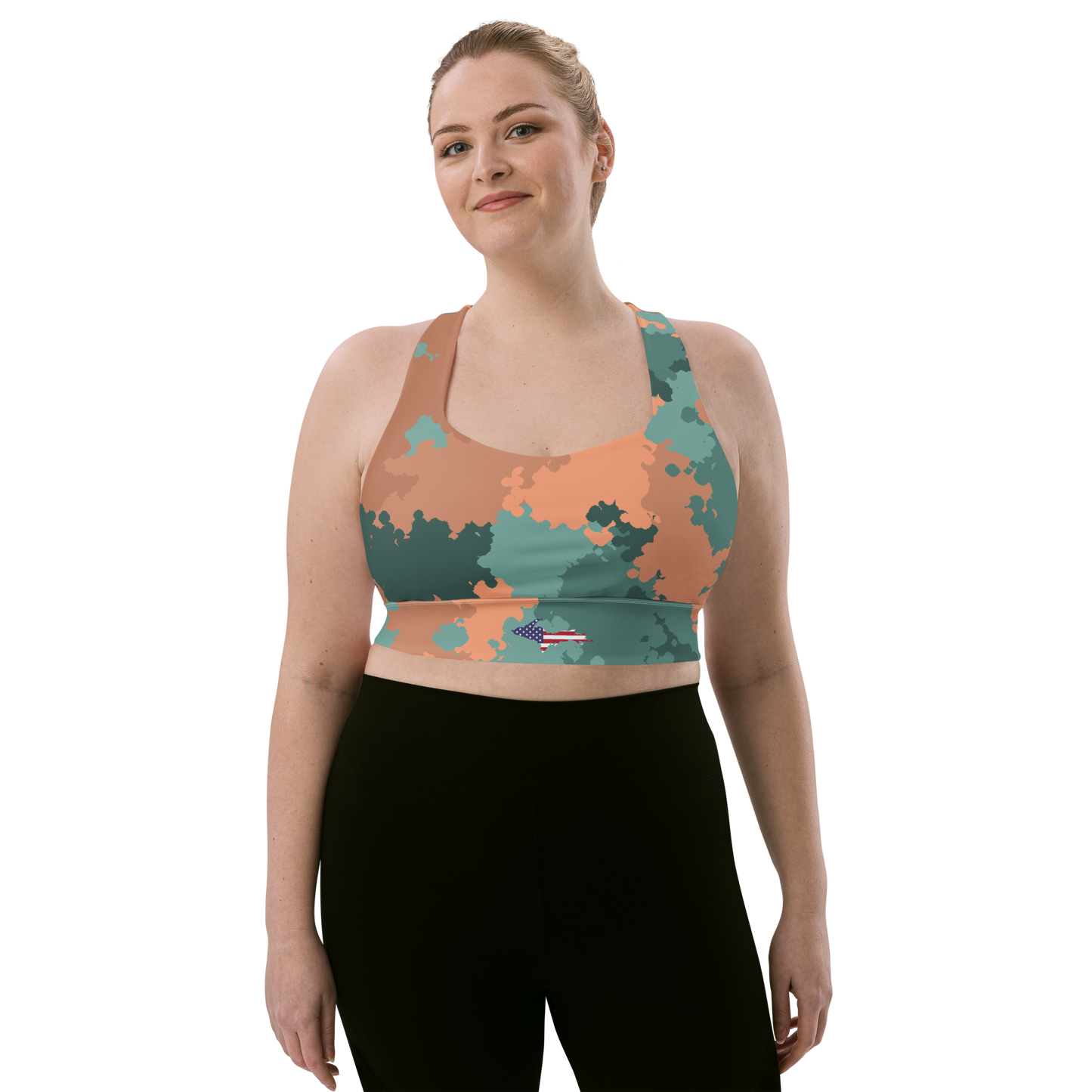 Michigan Upper Peninsula Longline Sports Bra (w/ UP USA Flag) | Copper Green