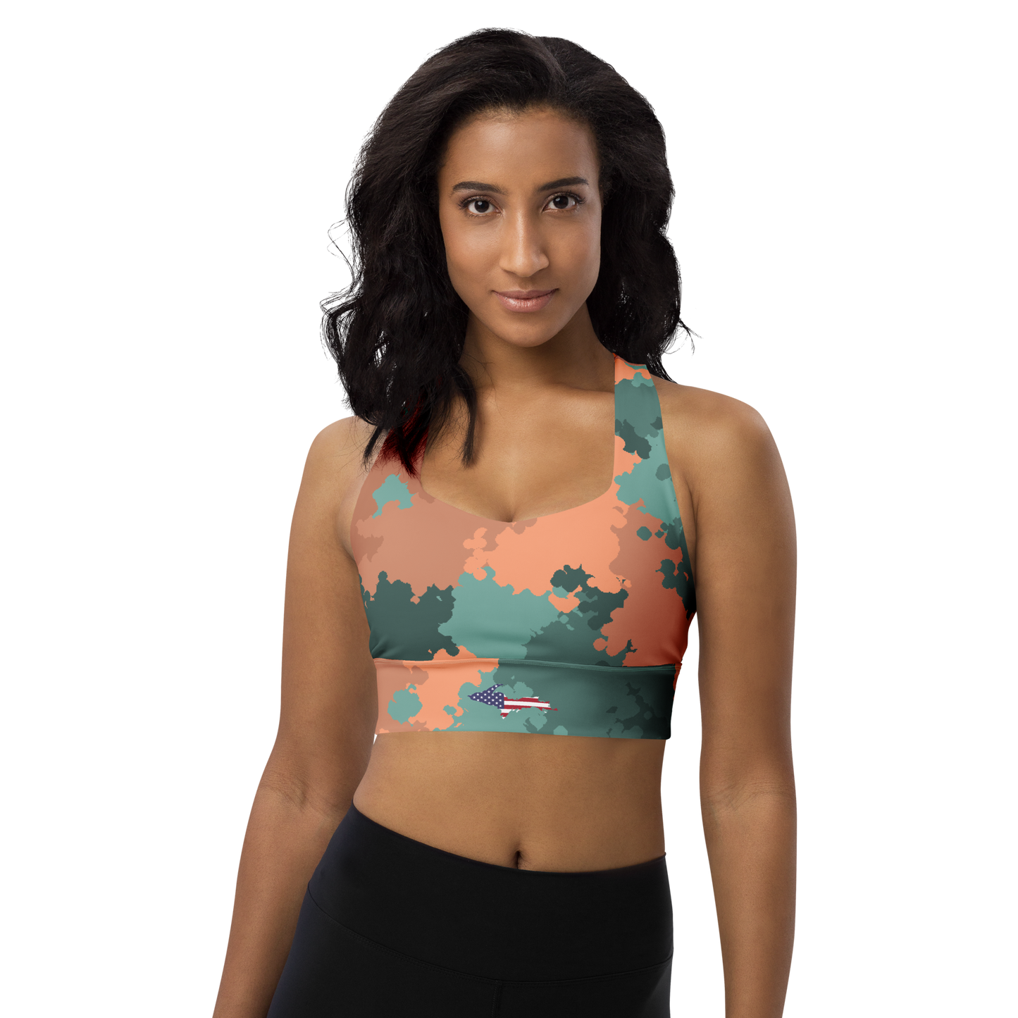 Michigan Upper Peninsula Longline Sports Bra (w/ UP USA Flag) | Copper Green