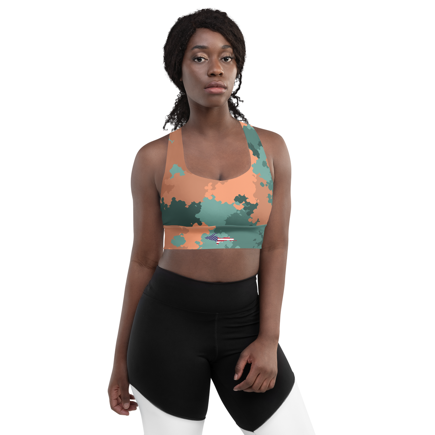 Michigan Upper Peninsula Longline Sports Bra (w/ UP USA Flag) | Copper Green