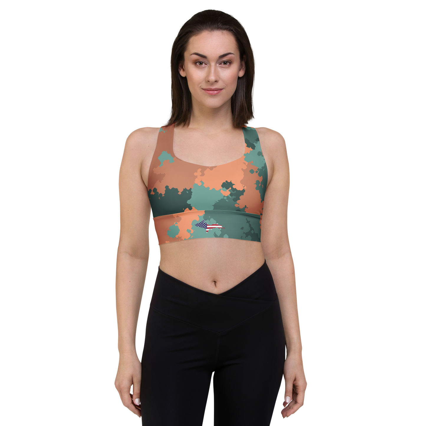 Michigan Upper Peninsula Longline Sports Bra (w/ UP USA Flag) | Copper Green