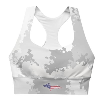 Michigan Upper Peninsula Longline Sports Bra (w/ UP USA Flag) | Snow Camo