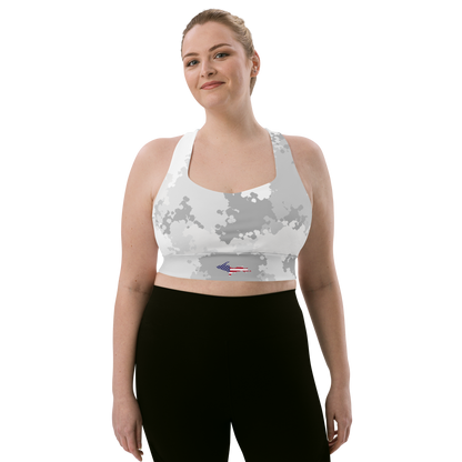 Michigan Upper Peninsula Longline Sports Bra (w/ UP USA Flag) | Snow Camo