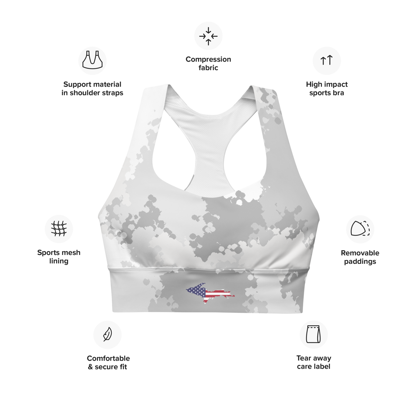 Michigan Upper Peninsula Longline Sports Bra (w/ UP USA Flag) | Snow Camo