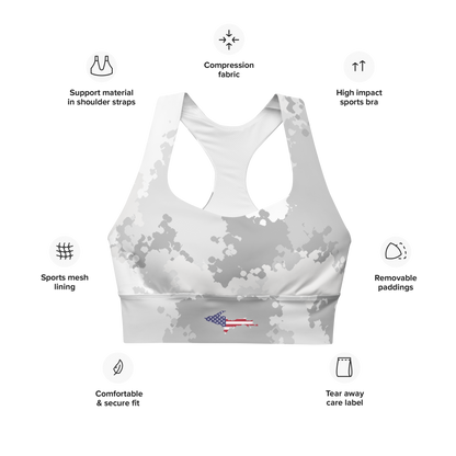 Michigan Upper Peninsula Longline Sports Bra (w/ UP USA Flag) | Snow Camo