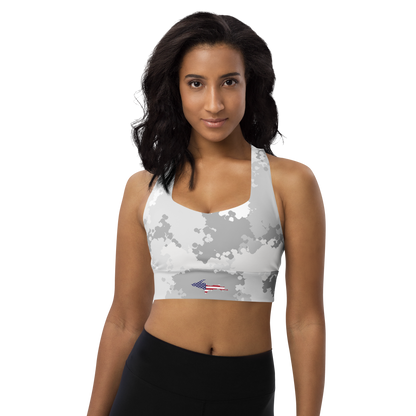 Michigan Upper Peninsula Longline Sports Bra (w/ UP USA Flag) | Snow Camo