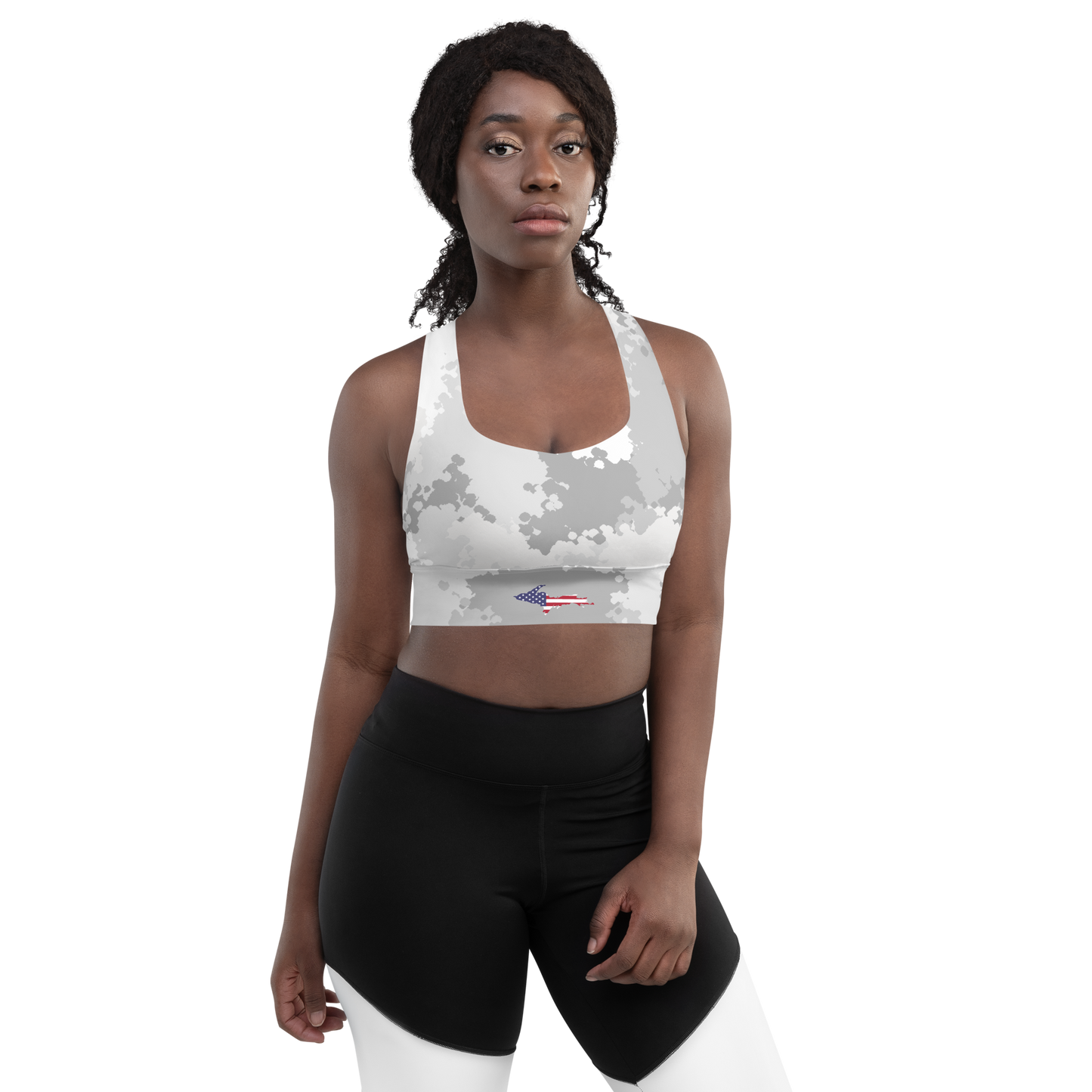 Michigan Upper Peninsula Longline Sports Bra (w/ UP USA Flag) | Snow Camo