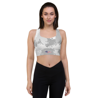 Michigan Upper Peninsula Longline Sports Bra (w/ UP USA Flag) | Snow Camo