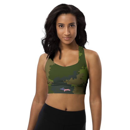 Michigan Upper Peninsula Longline Sports Bra (w/ UP USA Flag) | Camouflage Green