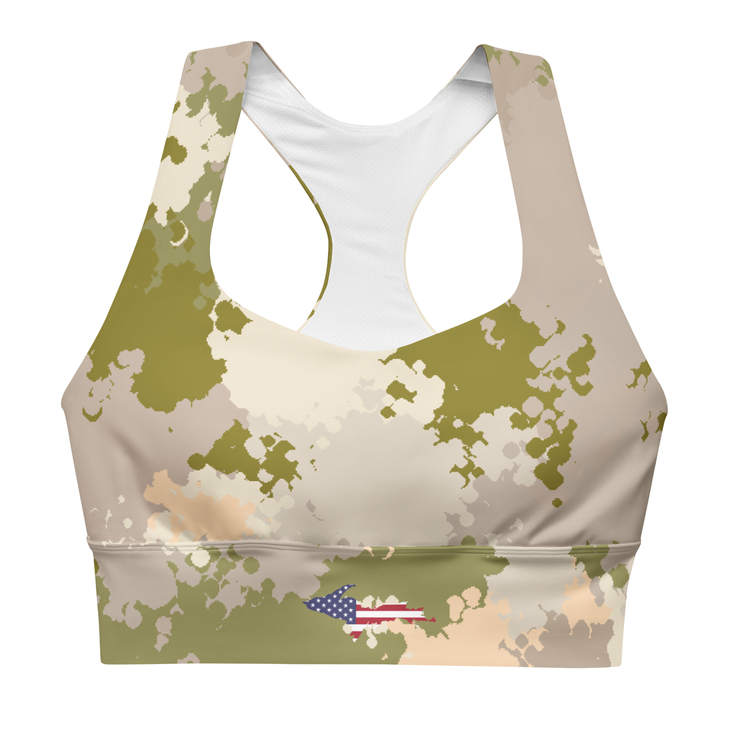 Michigan Upper Peninsula Longline Sports Bra (w/ UP USA Flag) | Rosy Mound Camo