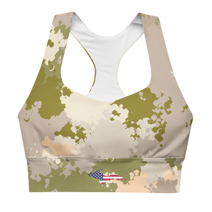 Michigan Upper Peninsula Longline Sports Bra (w/ UP USA Flag) | Rosy Mound Camo