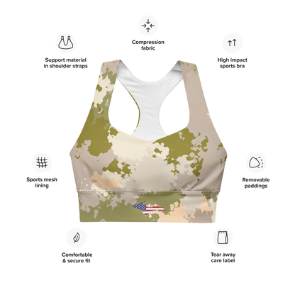 Michigan Upper Peninsula Longline Sports Bra (w/ UP USA Flag) | Rosy Mound Camo