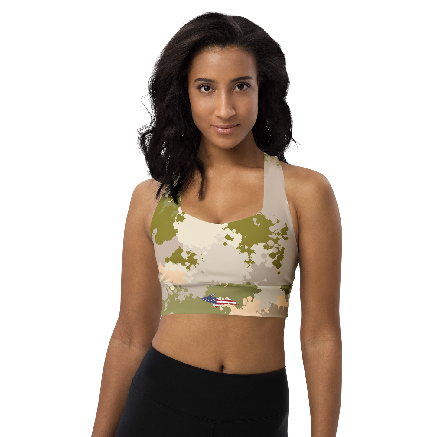 Michigan Upper Peninsula Longline Sports Bra (w/ UP USA Flag) | Rosy Mound Camo