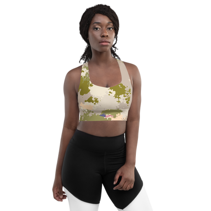 Michigan Upper Peninsula Longline Sports Bra (w/ UP USA Flag) | Rosy Mound Camo