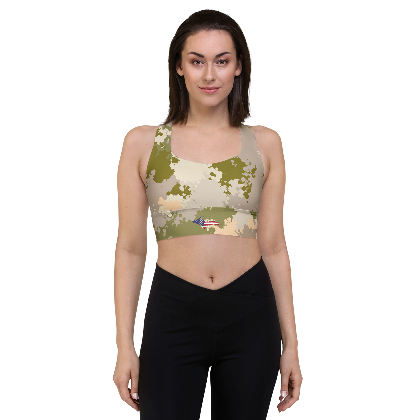 Michigan Upper Peninsula Longline Sports Bra (w/ UP USA Flag) | Rosy Mound Camo