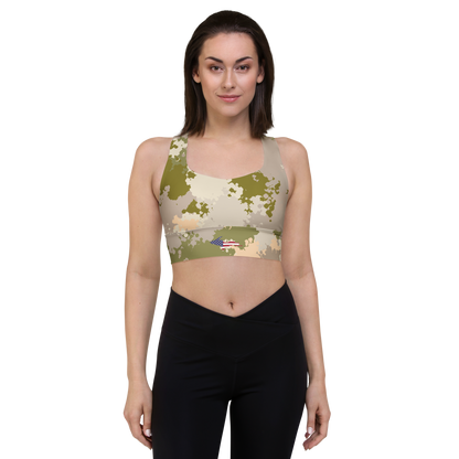 Michigan Upper Peninsula Longline Sports Bra (w/ UP USA Flag) | Rosy Mound Camo