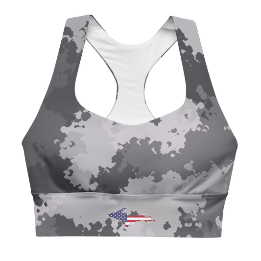 Michigan Upper Peninsula Longline Sports Bra (w/ UP USA Flag) | Iron Ore Camo