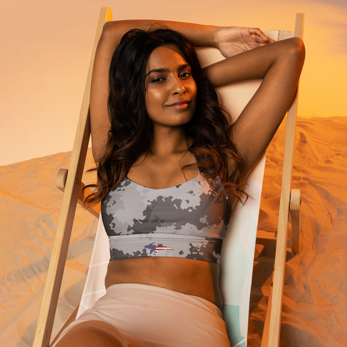 Michigan Upper Peninsula Longline Sports Bra (w/ UP USA Flag) | Iron Ore Camo