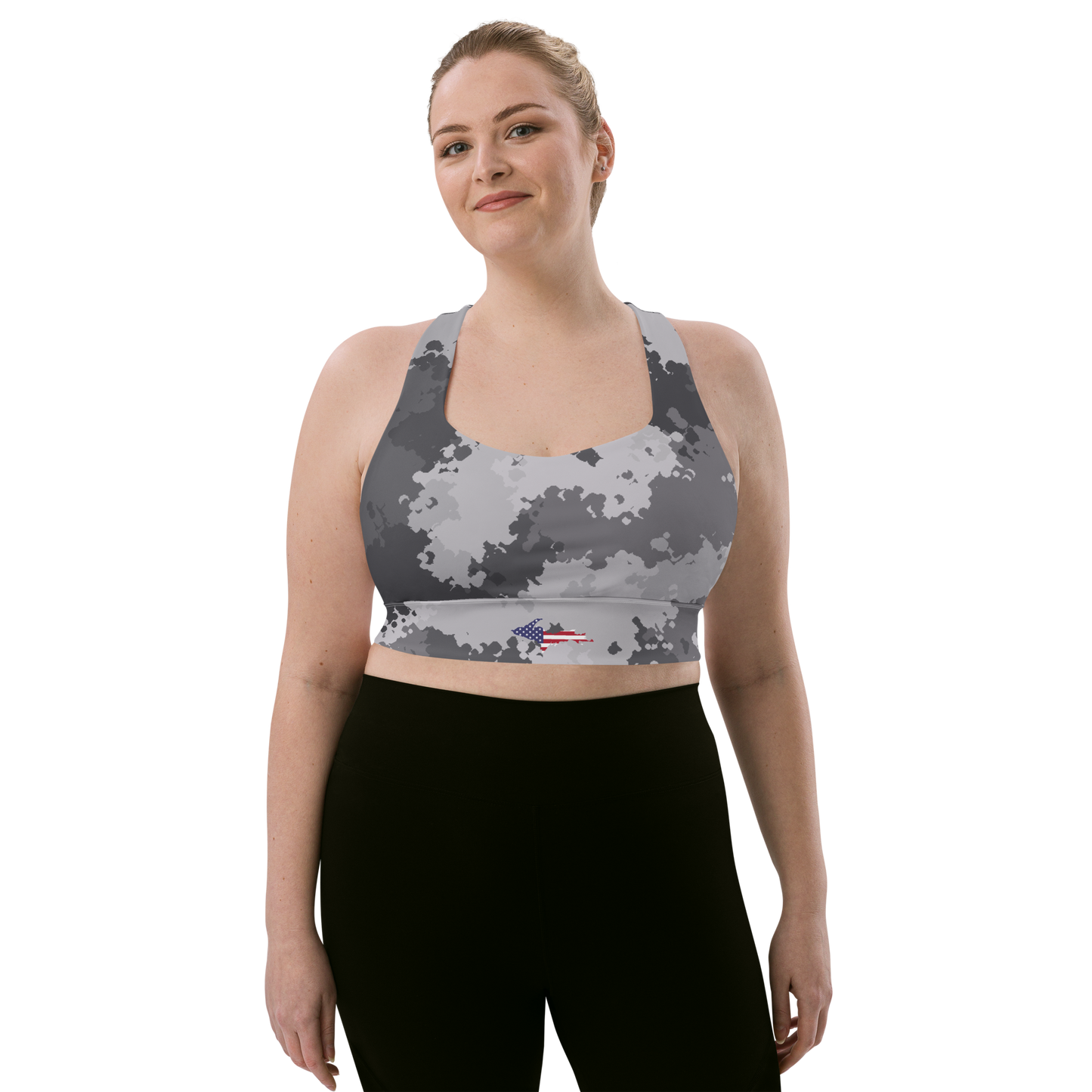 Michigan Upper Peninsula Longline Sports Bra (w/ UP USA Flag) | Iron Ore Camo