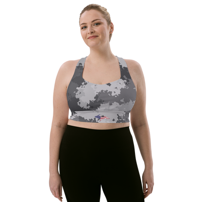 Michigan Upper Peninsula Longline Sports Bra (w/ UP USA Flag) | Iron Ore Camo