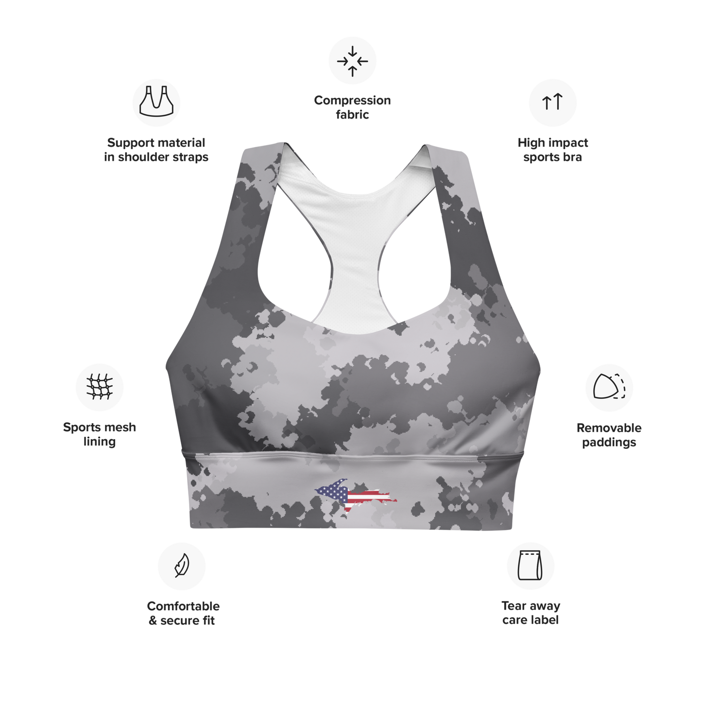 Michigan Upper Peninsula Longline Sports Bra (w/ UP USA Flag) | Iron Ore Camo