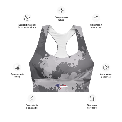 Michigan Upper Peninsula Longline Sports Bra (w/ UP USA Flag) | Iron Ore Camo