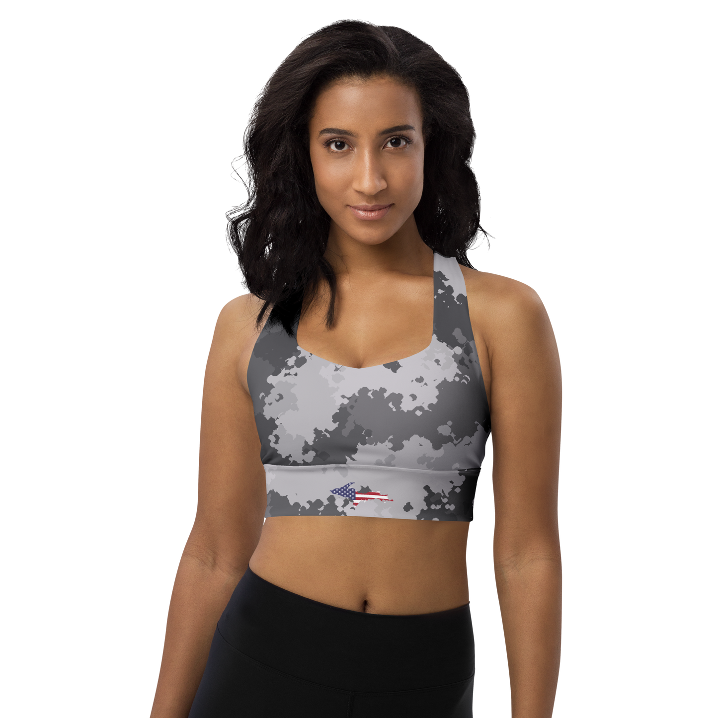 Michigan Upper Peninsula Longline Sports Bra (w/ UP USA Flag) | Iron Ore Camo