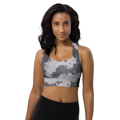 Michigan Upper Peninsula Longline Sports Bra (w/ UP USA Flag) | Iron Ore Camo