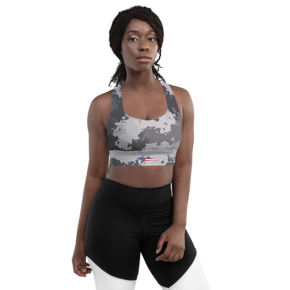 Michigan Upper Peninsula Longline Sports Bra (w/ UP USA Flag) | Iron Ore Camo