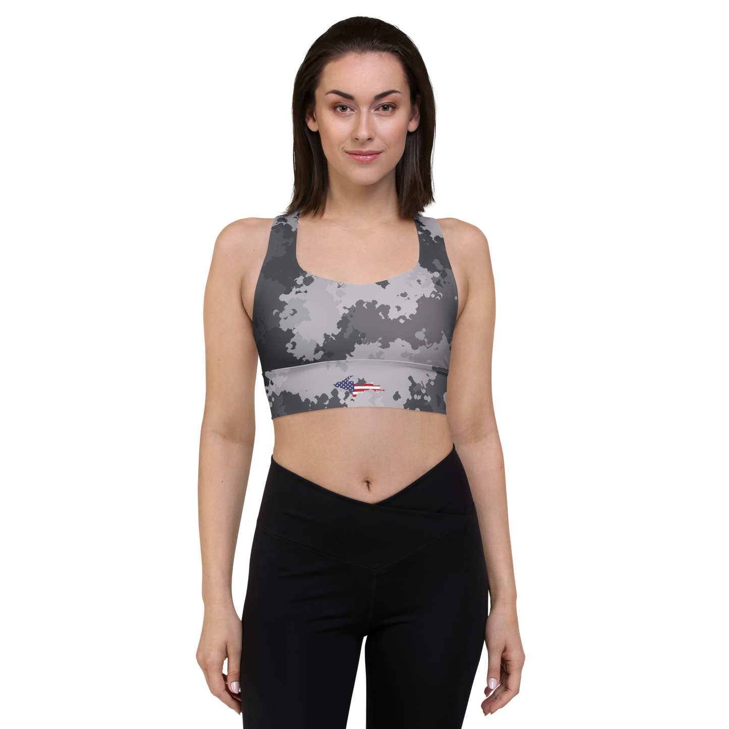 Michigan Upper Peninsula Longline Sports Bra (w/ UP USA Flag) | Iron Ore Camo