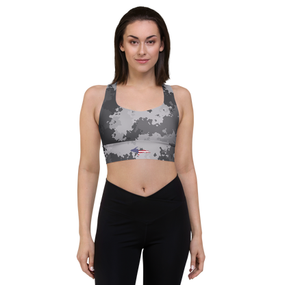 Michigan Upper Peninsula Longline Sports Bra (w/ UP USA Flag) | Iron Ore Camo