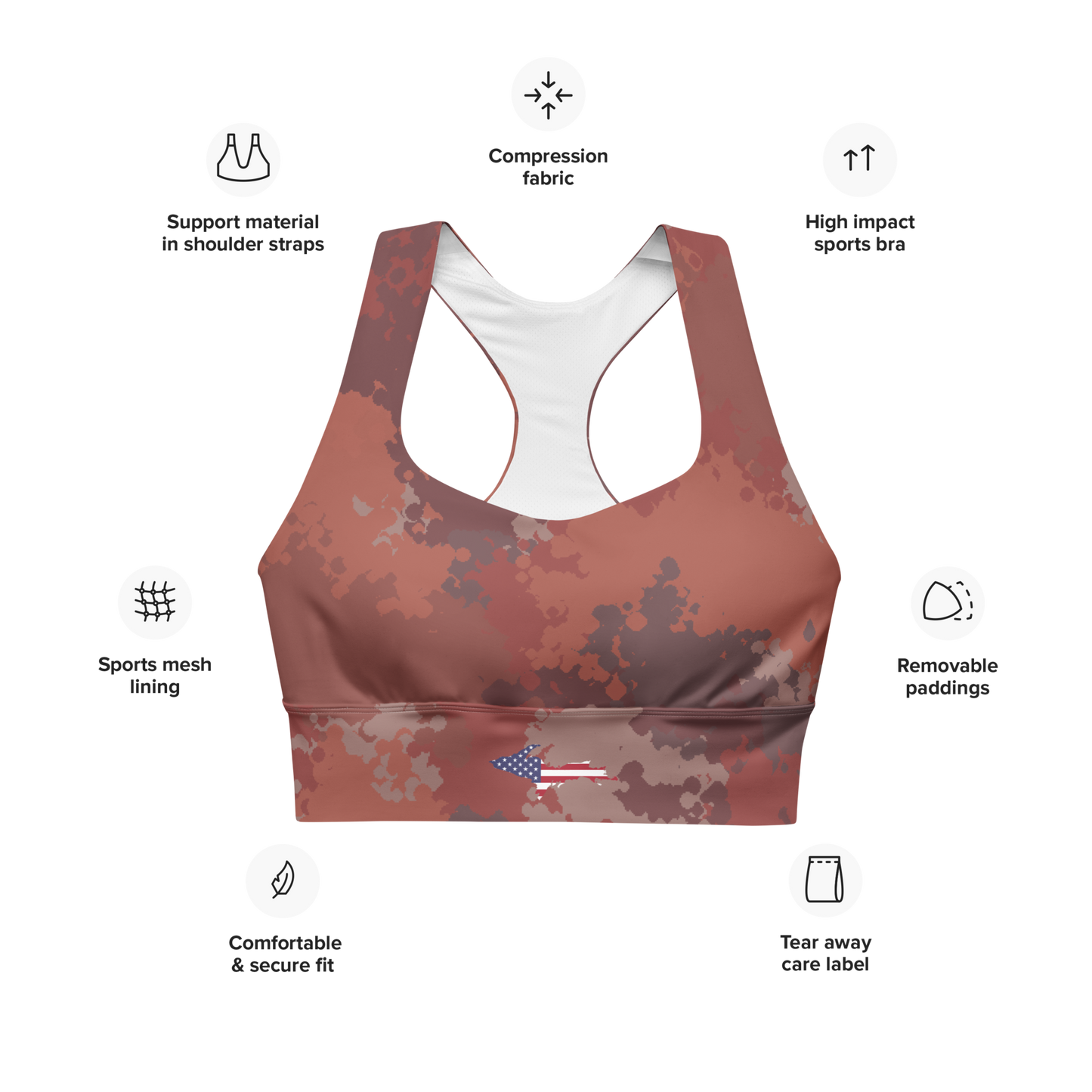 Michigan Upper Peninsula Longline Sports Bra (w/ UP USA Flag) | Ore Dock Camo