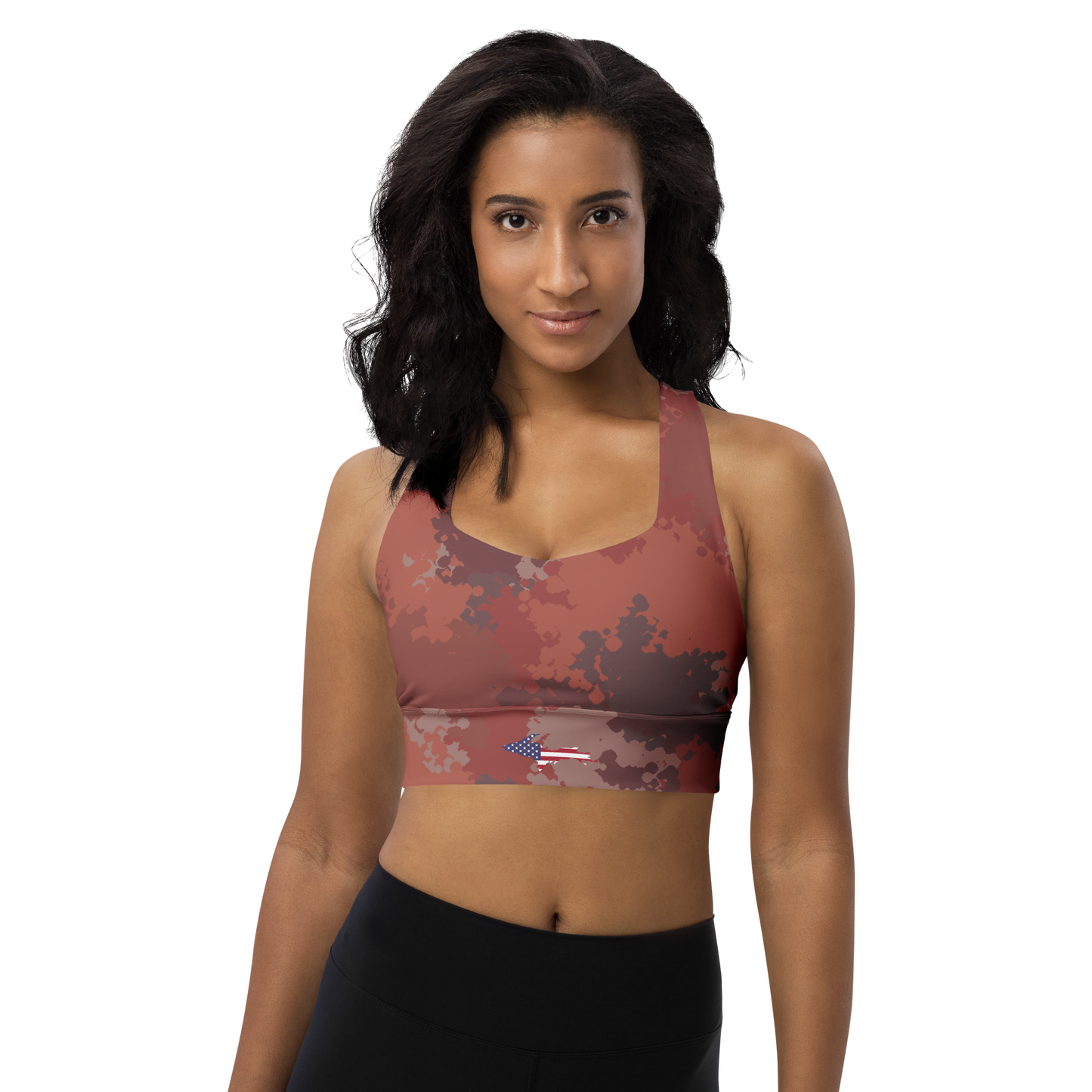 Michigan Upper Peninsula Longline Sports Bra (w/ UP USA Flag) | Ore Dock Camo